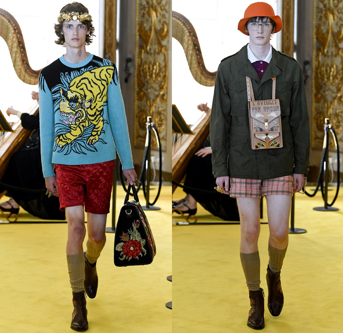 Gucci 2018 Resort Cruise Pre-Spring Mens Runway Catwalk Looks Collection - Palatine Gallery Palazzo Pitti Florence Italy - Renaissance Outerwear Overcoat Parka Quilted Waffle Puffer Down Bomber Field Jacket Suit Blazer Pants Trousers Formal Attire Sweater Jumper Shaggy Plush Fur Shearling Outdoorsman Flowers Floral Botanical Leaves Foliage Print Motif Velour Velvet Plaid Tartan Check Illustration Insects Butterfly Grasshopper Snake Teddy Bear Tiger Mesh Denim Dad Jeans Relaxed Tapered Acid Wash Bleached Boots Headband Loafers Bracelet Socks Doctor's Bag Lanyard Hat