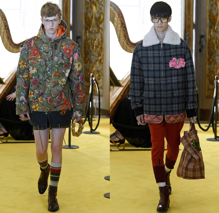 Gucci 2018 Resort Cruise Pre-Spring Mens Runway Catwalk Looks Collection - Palatine Gallery Palazzo Pitti Florence Italy - Renaissance Outerwear Overcoat Parka Quilted Waffle Puffer Down Bomber Field Jacket Suit Blazer Pants Trousers Formal Attire Sweater Jumper Shaggy Plush Fur Shearling Outdoorsman Flowers Floral Botanical Leaves Foliage Print Motif Velour Velvet Plaid Tartan Check Illustration Insects Butterfly Grasshopper Snake Teddy Bear Tiger Mesh Denim Dad Jeans Relaxed Tapered Acid Wash Bleached Boots Headband Loafers Bracelet Socks Doctor's Bag Lanyard Hat