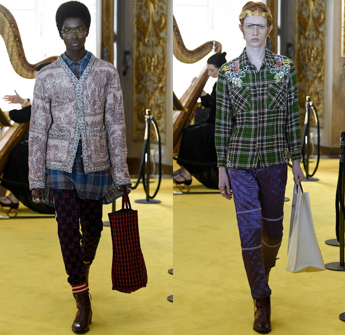 Gucci 2018 Resort Cruise Pre-Spring Mens Runway Catwalk Looks Collection - Palatine Gallery Palazzo Pitti Florence Italy - Renaissance Outerwear Overcoat Parka Quilted Waffle Puffer Down Bomber Field Jacket Suit Blazer Pants Trousers Formal Attire Sweater Jumper Shaggy Plush Fur Shearling Outdoorsman Flowers Floral Botanical Leaves Foliage Print Motif Velour Velvet Plaid Tartan Check Illustration Insects Butterfly Grasshopper Snake Teddy Bear Tiger Mesh Denim Dad Jeans Relaxed Tapered Acid Wash Bleached Boots Headband Loafers Bracelet Socks Doctor's Bag Lanyard Hat