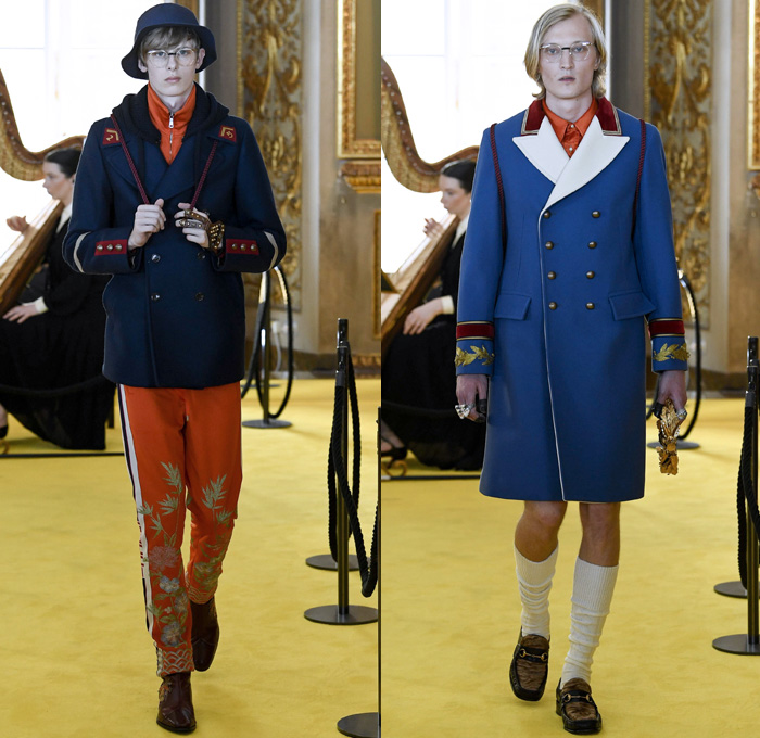 Gucci 2018 Resort Cruise Pre-Spring Mens Runway Catwalk Looks Collection - Palatine Gallery Palazzo Pitti Florence Italy - Renaissance Outerwear Overcoat Parka Quilted Waffle Puffer Down Bomber Field Jacket Suit Blazer Pants Trousers Formal Attire Sweater Jumper Shaggy Plush Fur Shearling Outdoorsman Flowers Floral Botanical Leaves Foliage Print Motif Velour Velvet Plaid Tartan Check Illustration Insects Butterfly Grasshopper Snake Teddy Bear Tiger Mesh Denim Dad Jeans Relaxed Tapered Acid Wash Bleached Boots Headband Loafers Bracelet Socks Doctor's Bag Lanyard Hat