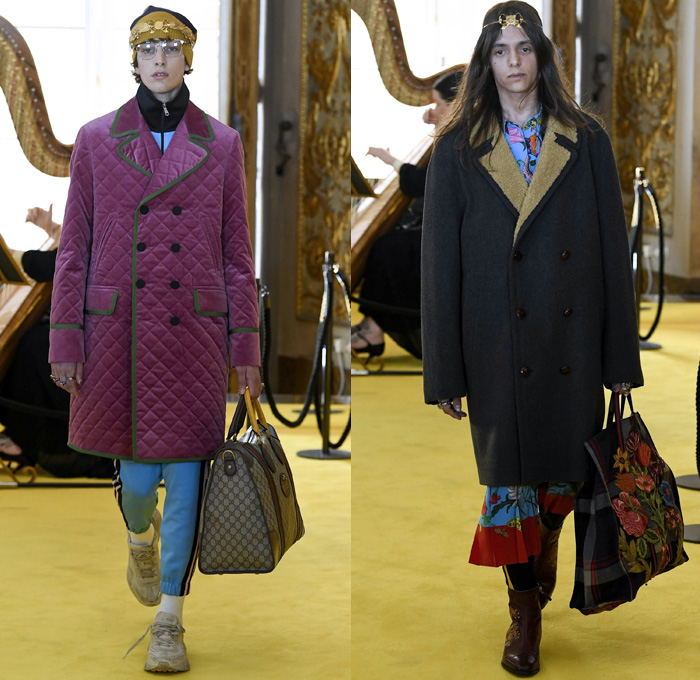 Gucci 2018 Resort Cruise Pre-Spring Mens Runway Catwalk Looks Collection - Palatine Gallery Palazzo Pitti Florence Italy - Renaissance Outerwear Overcoat Parka Quilted Waffle Puffer Down Bomber Field Jacket Suit Blazer Pants Trousers Formal Attire Sweater Jumper Shaggy Plush Fur Shearling Outdoorsman Flowers Floral Botanical Leaves Foliage Print Motif Velour Velvet Plaid Tartan Check Illustration Insects Butterfly Grasshopper Snake Teddy Bear Tiger Mesh Denim Dad Jeans Relaxed Tapered Acid Wash Bleached Boots Headband Loafers Bracelet Socks Doctor's Bag Lanyard Hat