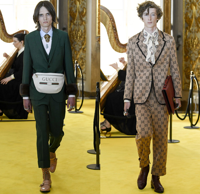 Gucci 2018 Resort Cruise Pre-Spring Mens Runway Catwalk Looks Collection - Palatine Gallery Palazzo Pitti Florence Italy - Renaissance Outerwear Overcoat Parka Quilted Waffle Puffer Down Bomber Field Jacket Suit Blazer Pants Trousers Formal Attire Sweater Jumper Shaggy Plush Fur Shearling Outdoorsman Flowers Floral Botanical Leaves Foliage Print Motif Velour Velvet Plaid Tartan Check Illustration Insects Butterfly Grasshopper Snake Teddy Bear Tiger Mesh Denim Dad Jeans Relaxed Tapered Acid Wash Bleached Boots Headband Loafers Bracelet Socks Doctor's Bag Lanyard Hat