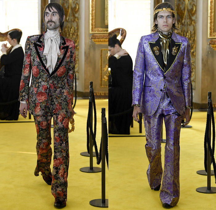 Gucci 2018 Resort Cruise Pre-Spring Mens Runway Catwalk Looks Collection - Palatine Gallery Palazzo Pitti Florence Italy - Renaissance Outerwear Overcoat Parka Quilted Waffle Puffer Down Bomber Field Jacket Suit Blazer Pants Trousers Formal Attire Sweater Jumper Shaggy Plush Fur Shearling Outdoorsman Flowers Floral Botanical Leaves Foliage Print Motif Velour Velvet Plaid Tartan Check Illustration Insects Butterfly Grasshopper Snake Teddy Bear Tiger Mesh Denim Dad Jeans Relaxed Tapered Acid Wash Bleached Boots Headband Loafers Bracelet Socks Doctor's Bag Lanyard Hat