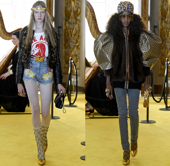 Gucci 2018 Resort Cruise Pre-Spring Womens Runway Catwalk Looks Collection - Palatine Gallery Palazzo Pitti Florence Italy - Renaissance Outerwear Trench Coat Overcoat Cape Hanging Sleeve Motorcycle Biker Leather Bomber Jacket Blazer Shaggy Plush Fur Cardigan Knit Capelet Vest Blouse Long Sleeve Shirt Butterfly Belt Stripes Leopard Leg O'Mutton Sleeves Stars Embroidery Bedazzled Sequins Flowers Floral Bud Geometric Librarian School Girl Nerd Grandma Geek Chic Ornaments Decorative Art Pussycat Bow Ribbon Art Paintings Asian Dragon Tiger Anchor Lace Fringes Suede Pie Mesh Lattice Silk Satin Metallic Halterneck Sheer Chiffon Organza Tulle Drapery Skirt Frock Socks High Heels Leggings Stockings Tights Hosiery Boots Culottes Sleepwear Pajamas Maxi Dress Gown Eveningwear Handbag Tote Purse Clutch Headband Turban Harp Headscarf Gloves Reading Colored Glasses Floppy Hat Fanny Pack Waist Pouch Belt Bag Choker Necklace Denim Jeans Cutoffs Shorts