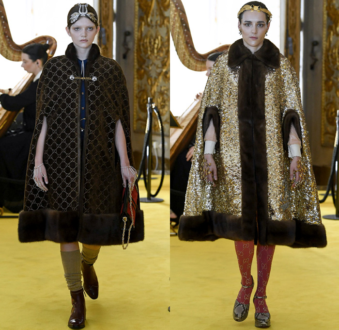 Gucci 2018 Resort Cruise Pre-Spring Womens Runway Catwalk Looks Collection - Palatine Gallery Palazzo Pitti Florence Italy - Renaissance Outerwear Trench Coat Overcoat Cape Hanging Sleeve Motorcycle Biker Leather Bomber Jacket Blazer Shaggy Plush Fur Cardigan Knit Capelet Vest Blouse Long Sleeve Shirt Butterfly Belt Stripes Leopard Leg O'Mutton Sleeves Stars Embroidery Bedazzled Sequins Flowers Floral Bud Geometric Librarian School Girl Nerd Grandma Geek Chic Ornaments Decorative Art Pussycat Bow Ribbon Art Paintings Asian Dragon Tiger Anchor Lace Fringes Suede Pie Mesh Lattice Silk Satin Metallic Halterneck Sheer Chiffon Organza Tulle Drapery Skirt Frock Socks High Heels Leggings Stockings Tights Hosiery Boots Culottes Sleepwear Pajamas Maxi Dress Gown Eveningwear Handbag Tote Purse Clutch Headband Turban Harp Headscarf Gloves Reading Colored Glasses Floppy Hat Fanny Pack Waist Pouch Belt Bag Choker Necklace Denim Jeans Cutoffs Shorts