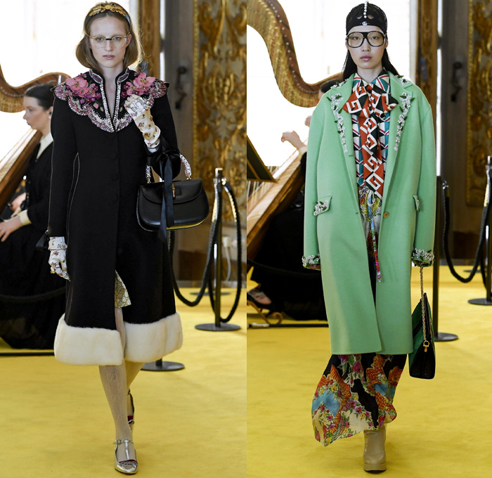 Gucci 2018 Resort Cruise Pre-Spring Womens Runway Catwalk Looks Collection - Palatine Gallery Palazzo Pitti Florence Italy - Renaissance Outerwear Trench Coat Overcoat Cape Hanging Sleeve Motorcycle Biker Leather Bomber Jacket Blazer Shaggy Plush Fur Cardigan Knit Capelet Vest Blouse Long Sleeve Shirt Butterfly Belt Stripes Leopard Leg O'Mutton Sleeves Stars Embroidery Bedazzled Sequins Flowers Floral Bud Geometric Librarian School Girl Nerd Grandma Geek Chic Ornaments Decorative Art Pussycat Bow Ribbon Art Paintings Asian Dragon Tiger Anchor Lace Fringes Suede Pie Mesh Lattice Silk Satin Metallic Halterneck Sheer Chiffon Organza Tulle Drapery Skirt Frock Socks High Heels Leggings Stockings Tights Hosiery Boots Culottes Sleepwear Pajamas Maxi Dress Gown Eveningwear Handbag Tote Purse Clutch Headband Turban Harp Headscarf Gloves Reading Colored Glasses Floppy Hat Fanny Pack Waist Pouch Belt Bag Choker Necklace Denim Jeans Cutoffs Shorts