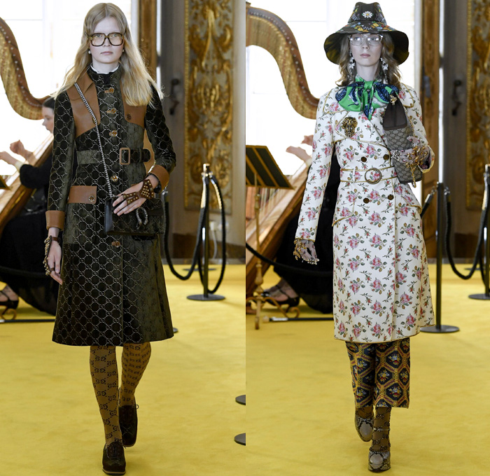 Gucci 2018 Resort Cruise Pre-Spring Womens Runway Catwalk Looks Collection - Palatine Gallery Palazzo Pitti Florence Italy - Renaissance Outerwear Trench Coat Overcoat Cape Hanging Sleeve Motorcycle Biker Leather Bomber Jacket Blazer Shaggy Plush Fur Cardigan Knit Capelet Vest Blouse Long Sleeve Shirt Butterfly Belt Stripes Leopard Leg O'Mutton Sleeves Stars Embroidery Bedazzled Sequins Flowers Floral Bud Geometric Librarian School Girl Nerd Grandma Geek Chic Ornaments Decorative Art Pussycat Bow Ribbon Art Paintings Asian Dragon Tiger Anchor Lace Fringes Suede Pie Mesh Lattice Silk Satin Metallic Halterneck Sheer Chiffon Organza Tulle Drapery Skirt Frock Socks High Heels Leggings Stockings Tights Hosiery Boots Culottes Sleepwear Pajamas Maxi Dress Gown Eveningwear Handbag Tote Purse Clutch Headband Turban Harp Headscarf Gloves Reading Colored Glasses Floppy Hat Fanny Pack Waist Pouch Belt Bag Choker Necklace Denim Jeans Cutoffs Shorts