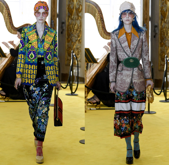 Gucci 2018 Resort Cruise Pre-Spring Womens Runway Catwalk Looks Collection - Palatine Gallery Palazzo Pitti Florence Italy - Renaissance Outerwear Trench Coat Overcoat Cape Hanging Sleeve Motorcycle Biker Leather Bomber Jacket Blazer Shaggy Plush Fur Cardigan Knit Capelet Vest Blouse Long Sleeve Shirt Butterfly Belt Stripes Leopard Leg O'Mutton Sleeves Stars Embroidery Bedazzled Sequins Flowers Floral Bud Geometric Librarian School Girl Nerd Grandma Geek Chic Ornaments Decorative Art Pussycat Bow Ribbon Art Paintings Asian Dragon Tiger Anchor Lace Fringes Suede Pie Mesh Lattice Silk Satin Metallic Halterneck Sheer Chiffon Organza Tulle Drapery Skirt Frock Socks High Heels Leggings Stockings Tights Hosiery Boots Culottes Sleepwear Pajamas Maxi Dress Gown Eveningwear Handbag Tote Purse Clutch Headband Turban Harp Headscarf Gloves Reading Colored Glasses Floppy Hat Fanny Pack Waist Pouch Belt Bag Choker Necklace Denim Jeans Cutoffs Shorts