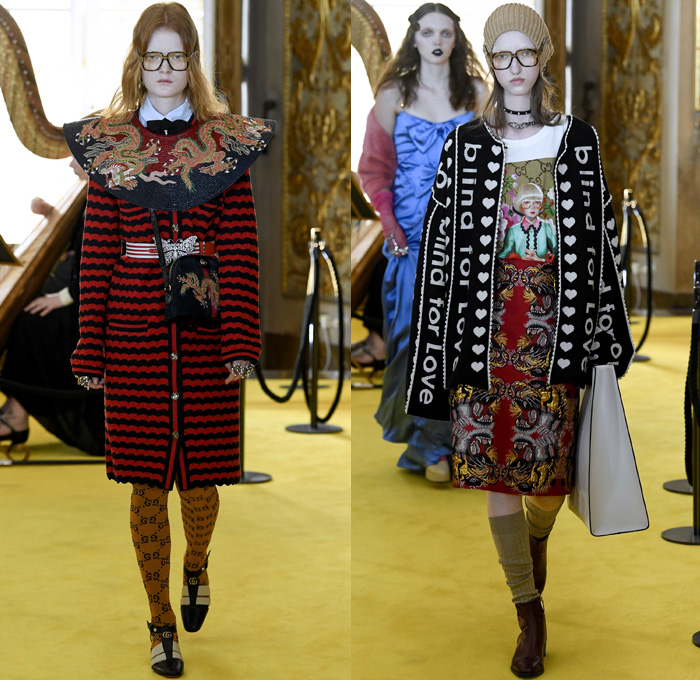 Gucci 2018 Resort Cruise Pre-Spring Womens Runway Catwalk Looks Collection - Palatine Gallery Palazzo Pitti Florence Italy - Renaissance Outerwear Trench Coat Overcoat Cape Hanging Sleeve Motorcycle Biker Leather Bomber Jacket Blazer Shaggy Plush Fur Cardigan Knit Capelet Vest Blouse Long Sleeve Shirt Butterfly Belt Stripes Leopard Leg O'Mutton Sleeves Stars Embroidery Bedazzled Sequins Flowers Floral Bud Geometric Librarian School Girl Nerd Grandma Geek Chic Ornaments Decorative Art Pussycat Bow Ribbon Art Paintings Asian Dragon Tiger Anchor Lace Fringes Suede Pie Mesh Lattice Silk Satin Metallic Halterneck Sheer Chiffon Organza Tulle Drapery Skirt Frock Socks High Heels Leggings Stockings Tights Hosiery Boots Culottes Sleepwear Pajamas Maxi Dress Gown Eveningwear Handbag Tote Purse Clutch Headband Turban Harp Headscarf Gloves Reading Colored Glasses Floppy Hat Fanny Pack Waist Pouch Belt Bag Choker Necklace Denim Jeans Cutoffs Shorts