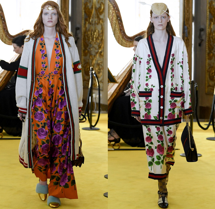 Gucci 2018 Resort Cruise Pre-Spring Womens Runway Catwalk Looks Collection - Palatine Gallery Palazzo Pitti Florence Italy - Renaissance Outerwear Trench Coat Overcoat Cape Hanging Sleeve Motorcycle Biker Leather Bomber Jacket Blazer Shaggy Plush Fur Cardigan Knit Capelet Vest Blouse Long Sleeve Shirt Butterfly Belt Stripes Leopard Leg O'Mutton Sleeves Stars Embroidery Bedazzled Sequins Flowers Floral Bud Geometric Librarian School Girl Nerd Grandma Geek Chic Ornaments Decorative Art Pussycat Bow Ribbon Art Paintings Asian Dragon Tiger Anchor Lace Fringes Suede Pie Mesh Lattice Silk Satin Metallic Halterneck Sheer Chiffon Organza Tulle Drapery Skirt Frock Socks High Heels Leggings Stockings Tights Hosiery Boots Culottes Sleepwear Pajamas Maxi Dress Gown Eveningwear Handbag Tote Purse Clutch Headband Turban Harp Headscarf Gloves Reading Colored Glasses Floppy Hat Fanny Pack Waist Pouch Belt Bag Choker Necklace Denim Jeans Cutoffs Shorts