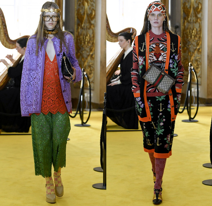 Gucci 2018 Resort Cruise Pre-Spring Womens Runway Catwalk Looks Collection - Palatine Gallery Palazzo Pitti Florence Italy - Renaissance Outerwear Trench Coat Overcoat Cape Hanging Sleeve Motorcycle Biker Leather Bomber Jacket Blazer Shaggy Plush Fur Cardigan Knit Capelet Vest Blouse Long Sleeve Shirt Butterfly Belt Stripes Leopard Leg O'Mutton Sleeves Stars Embroidery Bedazzled Sequins Flowers Floral Bud Geometric Librarian School Girl Nerd Grandma Geek Chic Ornaments Decorative Art Pussycat Bow Ribbon Art Paintings Asian Dragon Tiger Anchor Lace Fringes Suede Pie Mesh Lattice Silk Satin Metallic Halterneck Sheer Chiffon Organza Tulle Drapery Skirt Frock Socks High Heels Leggings Stockings Tights Hosiery Boots Culottes Sleepwear Pajamas Maxi Dress Gown Eveningwear Handbag Tote Purse Clutch Headband Turban Harp Headscarf Gloves Reading Colored Glasses Floppy Hat Fanny Pack Waist Pouch Belt Bag Choker Necklace Denim Jeans Cutoffs Shorts