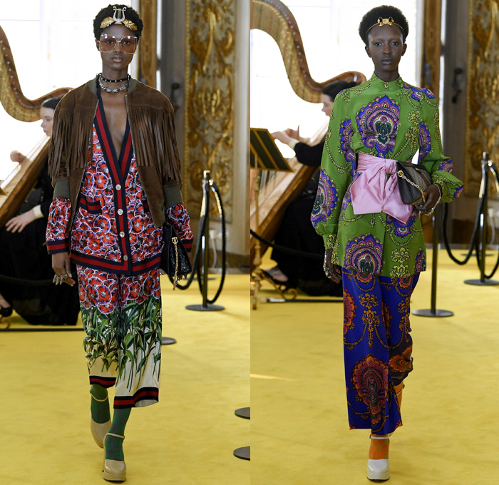 Gucci 2018 Resort Cruise Pre-Spring Womens Runway Catwalk Looks Collection - Palatine Gallery Palazzo Pitti Florence Italy - Renaissance Outerwear Trench Coat Overcoat Cape Hanging Sleeve Motorcycle Biker Leather Bomber Jacket Blazer Shaggy Plush Fur Cardigan Knit Capelet Vest Blouse Long Sleeve Shirt Butterfly Belt Stripes Leopard Leg O'Mutton Sleeves Stars Embroidery Bedazzled Sequins Flowers Floral Bud Geometric Librarian School Girl Nerd Grandma Geek Chic Ornaments Decorative Art Pussycat Bow Ribbon Art Paintings Asian Dragon Tiger Anchor Lace Fringes Suede Pie Mesh Lattice Silk Satin Metallic Halterneck Sheer Chiffon Organza Tulle Drapery Skirt Frock Socks High Heels Leggings Stockings Tights Hosiery Boots Culottes Sleepwear Pajamas Maxi Dress Gown Eveningwear Handbag Tote Purse Clutch Headband Turban Harp Headscarf Gloves Reading Colored Glasses Floppy Hat Fanny Pack Waist Pouch Belt Bag Choker Necklace Denim Jeans Cutoffs Shorts