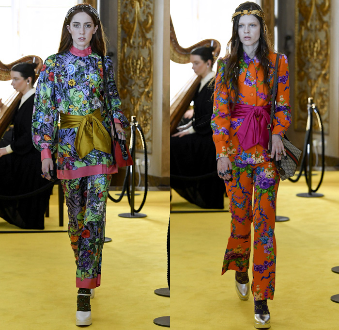 Gucci 2018 Resort Cruise Pre-Spring Womens Runway Catwalk Looks Collection - Palatine Gallery Palazzo Pitti Florence Italy - Renaissance Outerwear Trench Coat Overcoat Cape Hanging Sleeve Motorcycle Biker Leather Bomber Jacket Blazer Shaggy Plush Fur Cardigan Knit Capelet Vest Blouse Long Sleeve Shirt Butterfly Belt Stripes Leopard Leg O'Mutton Sleeves Stars Embroidery Bedazzled Sequins Flowers Floral Bud Geometric Librarian School Girl Nerd Grandma Geek Chic Ornaments Decorative Art Pussycat Bow Ribbon Art Paintings Asian Dragon Tiger Anchor Lace Fringes Suede Pie Mesh Lattice Silk Satin Metallic Halterneck Sheer Chiffon Organza Tulle Drapery Skirt Frock Socks High Heels Leggings Stockings Tights Hosiery Boots Culottes Sleepwear Pajamas Maxi Dress Gown Eveningwear Handbag Tote Purse Clutch Headband Turban Harp Headscarf Gloves Reading Colored Glasses Floppy Hat Fanny Pack Waist Pouch Belt Bag Choker Necklace Denim Jeans Cutoffs Shorts