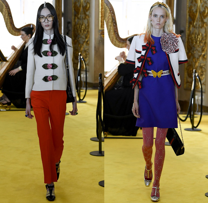 Gucci 2018 Resort Cruise Pre-Spring Womens Runway Catwalk Looks Collection - Palatine Gallery Palazzo Pitti Florence Italy - Renaissance Outerwear Trench Coat Overcoat Cape Hanging Sleeve Motorcycle Biker Leather Bomber Jacket Blazer Shaggy Plush Fur Cardigan Knit Capelet Vest Blouse Long Sleeve Shirt Butterfly Belt Stripes Leopard Leg O'Mutton Sleeves Stars Embroidery Bedazzled Sequins Flowers Floral Bud Geometric Librarian School Girl Nerd Grandma Geek Chic Ornaments Decorative Art Pussycat Bow Ribbon Art Paintings Asian Dragon Tiger Anchor Lace Fringes Suede Pie Mesh Lattice Silk Satin Metallic Halterneck Sheer Chiffon Organza Tulle Drapery Skirt Frock Socks High Heels Leggings Stockings Tights Hosiery Boots Culottes Sleepwear Pajamas Maxi Dress Gown Eveningwear Handbag Tote Purse Clutch Headband Turban Harp Headscarf Gloves Reading Colored Glasses Floppy Hat Fanny Pack Waist Pouch Belt Bag Choker Necklace Denim Jeans Cutoffs Shorts