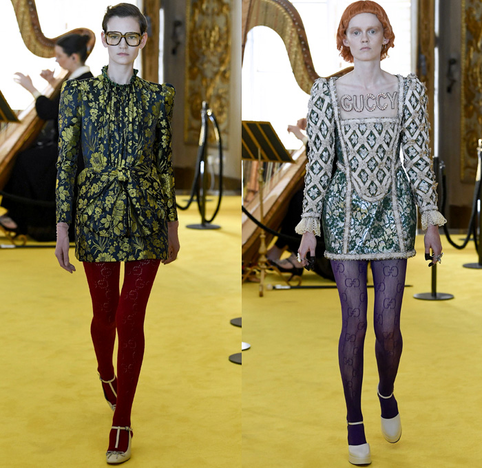 Gucci 2018 Resort Cruise Pre-Spring Womens Runway Catwalk Looks Collection - Palatine Gallery Palazzo Pitti Florence Italy - Renaissance Outerwear Trench Coat Overcoat Cape Hanging Sleeve Motorcycle Biker Leather Bomber Jacket Blazer Shaggy Plush Fur Cardigan Knit Capelet Vest Blouse Long Sleeve Shirt Butterfly Belt Stripes Leopard Leg O'Mutton Sleeves Stars Embroidery Bedazzled Sequins Flowers Floral Bud Geometric Librarian School Girl Nerd Grandma Geek Chic Ornaments Decorative Art Pussycat Bow Ribbon Art Paintings Asian Dragon Tiger Anchor Lace Fringes Suede Pie Mesh Lattice Silk Satin Metallic Halterneck Sheer Chiffon Organza Tulle Drapery Skirt Frock Socks High Heels Leggings Stockings Tights Hosiery Boots Culottes Sleepwear Pajamas Maxi Dress Gown Eveningwear Handbag Tote Purse Clutch Headband Turban Harp Headscarf Gloves Reading Colored Glasses Floppy Hat Fanny Pack Waist Pouch Belt Bag Choker Necklace Denim Jeans Cutoffs Shorts