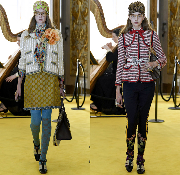 Gucci 2018 Resort Cruise Pre-Spring Womens Runway Catwalk Looks Collection - Palatine Gallery Palazzo Pitti Florence Italy - Renaissance Outerwear Trench Coat Overcoat Cape Hanging Sleeve Motorcycle Biker Leather Bomber Jacket Blazer Shaggy Plush Fur Cardigan Knit Capelet Vest Blouse Long Sleeve Shirt Butterfly Belt Stripes Leopard Leg O'Mutton Sleeves Stars Embroidery Bedazzled Sequins Flowers Floral Bud Geometric Librarian School Girl Nerd Grandma Geek Chic Ornaments Decorative Art Pussycat Bow Ribbon Art Paintings Asian Dragon Tiger Anchor Lace Fringes Suede Pie Mesh Lattice Silk Satin Metallic Halterneck Sheer Chiffon Organza Tulle Drapery Skirt Frock Socks High Heels Leggings Stockings Tights Hosiery Boots Culottes Sleepwear Pajamas Maxi Dress Gown Eveningwear Handbag Tote Purse Clutch Headband Turban Harp Headscarf Gloves Reading Colored Glasses Floppy Hat Fanny Pack Waist Pouch Belt Bag Choker Necklace Denim Jeans Cutoffs Shorts