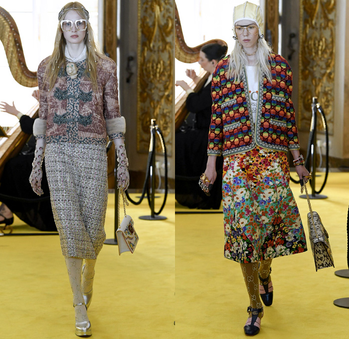 Gucci 2018 Resort Cruise Pre-Spring Womens Runway Catwalk Looks Collection - Palatine Gallery Palazzo Pitti Florence Italy - Renaissance Outerwear Trench Coat Overcoat Cape Hanging Sleeve Motorcycle Biker Leather Bomber Jacket Blazer Shaggy Plush Fur Cardigan Knit Capelet Vest Blouse Long Sleeve Shirt Butterfly Belt Stripes Leopard Leg O'Mutton Sleeves Stars Embroidery Bedazzled Sequins Flowers Floral Bud Geometric Librarian School Girl Nerd Grandma Geek Chic Ornaments Decorative Art Pussycat Bow Ribbon Art Paintings Asian Dragon Tiger Anchor Lace Fringes Suede Pie Mesh Lattice Silk Satin Metallic Halterneck Sheer Chiffon Organza Tulle Drapery Skirt Frock Socks High Heels Leggings Stockings Tights Hosiery Boots Culottes Sleepwear Pajamas Maxi Dress Gown Eveningwear Handbag Tote Purse Clutch Headband Turban Harp Headscarf Gloves Reading Colored Glasses Floppy Hat Fanny Pack Waist Pouch Belt Bag Choker Necklace Denim Jeans Cutoffs Shorts