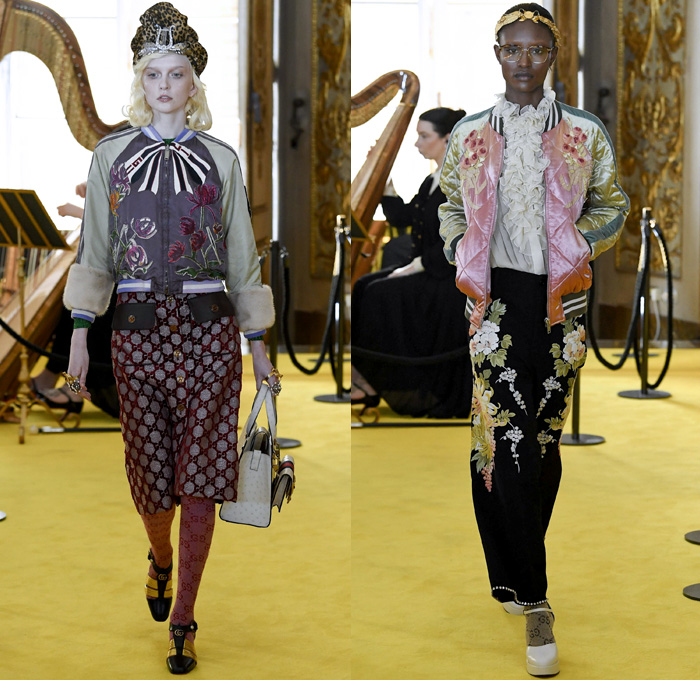 Gucci 2018 Resort Cruise Pre-Spring Womens Runway Catwalk Looks Collection - Palatine Gallery Palazzo Pitti Florence Italy - Renaissance Outerwear Trench Coat Overcoat Cape Hanging Sleeve Motorcycle Biker Leather Bomber Jacket Blazer Shaggy Plush Fur Cardigan Knit Capelet Vest Blouse Long Sleeve Shirt Butterfly Belt Stripes Leopard Leg O'Mutton Sleeves Stars Embroidery Bedazzled Sequins Flowers Floral Bud Geometric Librarian School Girl Nerd Grandma Geek Chic Ornaments Decorative Art Pussycat Bow Ribbon Art Paintings Asian Dragon Tiger Anchor Lace Fringes Suede Pie Mesh Lattice Silk Satin Metallic Halterneck Sheer Chiffon Organza Tulle Drapery Skirt Frock Socks High Heels Leggings Stockings Tights Hosiery Boots Culottes Sleepwear Pajamas Maxi Dress Gown Eveningwear Handbag Tote Purse Clutch Headband Turban Harp Headscarf Gloves Reading Colored Glasses Floppy Hat Fanny Pack Waist Pouch Belt Bag Choker Necklace Denim Jeans Cutoffs Shorts