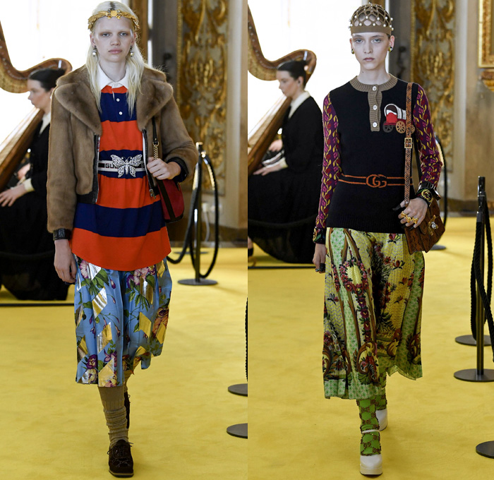 Gucci 2018 Resort Cruise Pre-Spring Womens Runway Catwalk Looks Collection - Palatine Gallery Palazzo Pitti Florence Italy - Renaissance Outerwear Trench Coat Overcoat Cape Hanging Sleeve Motorcycle Biker Leather Bomber Jacket Blazer Shaggy Plush Fur Cardigan Knit Capelet Vest Blouse Long Sleeve Shirt Butterfly Belt Stripes Leopard Leg O'Mutton Sleeves Stars Embroidery Bedazzled Sequins Flowers Floral Bud Geometric Librarian School Girl Nerd Grandma Geek Chic Ornaments Decorative Art Pussycat Bow Ribbon Art Paintings Asian Dragon Tiger Anchor Lace Fringes Suede Pie Mesh Lattice Silk Satin Metallic Halterneck Sheer Chiffon Organza Tulle Drapery Skirt Frock Socks High Heels Leggings Stockings Tights Hosiery Boots Culottes Sleepwear Pajamas Maxi Dress Gown Eveningwear Handbag Tote Purse Clutch Headband Turban Harp Headscarf Gloves Reading Colored Glasses Floppy Hat Fanny Pack Waist Pouch Belt Bag Choker Necklace Denim Jeans Cutoffs Shorts