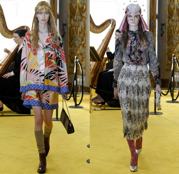 Gucci 2018 Resort Cruise Pre-Spring Womens Runway Catwalk Looks Collection - Palatine Gallery Palazzo Pitti Florence Italy - Renaissance Outerwear Trench Coat Overcoat Cape Hanging Sleeve Motorcycle Biker Leather Bomber Jacket Blazer Shaggy Plush Fur Cardigan Knit Capelet Vest Blouse Long Sleeve Shirt Butterfly Belt Stripes Leopard Leg O'Mutton Sleeves Stars Embroidery Bedazzled Sequins Flowers Floral Bud Geometric Librarian School Girl Nerd Grandma Geek Chic Ornaments Decorative Art Pussycat Bow Ribbon Art Paintings Asian Dragon Tiger Anchor Lace Fringes Suede Pie Mesh Lattice Silk Satin Metallic Halterneck Sheer Chiffon Organza Tulle Drapery Skirt Frock Socks High Heels Leggings Stockings Tights Hosiery Boots Culottes Sleepwear Pajamas Maxi Dress Gown Eveningwear Handbag Tote Purse Clutch Headband Turban Harp Headscarf Gloves Reading Colored Glasses Floppy Hat Fanny Pack Waist Pouch Belt Bag Choker Necklace Denim Jeans Cutoffs Shorts