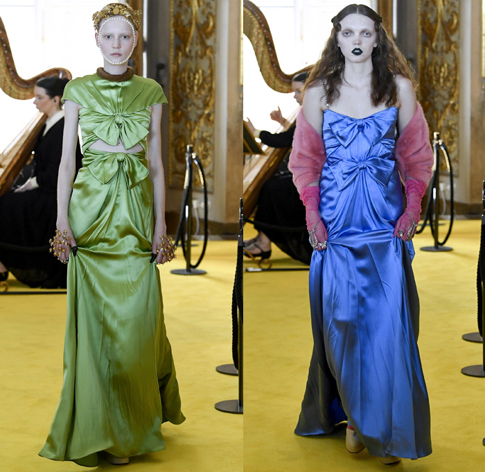 Gucci 2018 Resort Cruise Pre-Spring Womens Runway Catwalk Looks Collection - Palatine Gallery Palazzo Pitti Florence Italy - Renaissance Outerwear Trench Coat Overcoat Cape Hanging Sleeve Motorcycle Biker Leather Bomber Jacket Blazer Shaggy Plush Fur Cardigan Knit Capelet Vest Blouse Long Sleeve Shirt Butterfly Belt Stripes Leopard Leg O'Mutton Sleeves Stars Embroidery Bedazzled Sequins Flowers Floral Bud Geometric Librarian School Girl Nerd Grandma Geek Chic Ornaments Decorative Art Pussycat Bow Ribbon Art Paintings Asian Dragon Tiger Anchor Lace Fringes Suede Pie Mesh Lattice Silk Satin Metallic Halterneck Sheer Chiffon Organza Tulle Drapery Skirt Frock Socks High Heels Leggings Stockings Tights Hosiery Boots Culottes Sleepwear Pajamas Maxi Dress Gown Eveningwear Handbag Tote Purse Clutch Headband Turban Harp Headscarf Gloves Reading Colored Glasses Floppy Hat Fanny Pack Waist Pouch Belt Bag Choker Necklace Denim Jeans Cutoffs Shorts