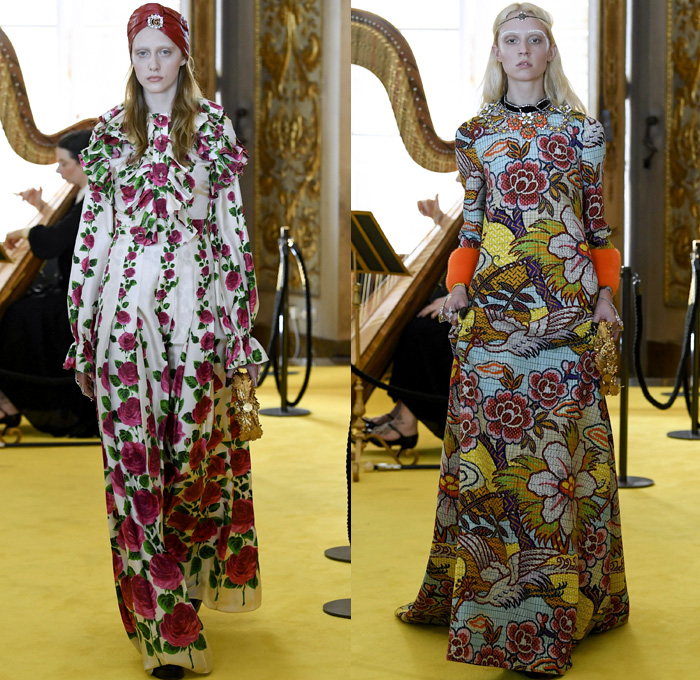 Gucci 2018 Resort Cruise Pre-Spring Womens Runway Catwalk Looks Collection - Palatine Gallery Palazzo Pitti Florence Italy - Renaissance Outerwear Trench Coat Overcoat Cape Hanging Sleeve Motorcycle Biker Leather Bomber Jacket Blazer Shaggy Plush Fur Cardigan Knit Capelet Vest Blouse Long Sleeve Shirt Butterfly Belt Stripes Leopard Leg O'Mutton Sleeves Stars Embroidery Bedazzled Sequins Flowers Floral Bud Geometric Librarian School Girl Nerd Grandma Geek Chic Ornaments Decorative Art Pussycat Bow Ribbon Art Paintings Asian Dragon Tiger Anchor Lace Fringes Suede Pie Mesh Lattice Silk Satin Metallic Halterneck Sheer Chiffon Organza Tulle Drapery Skirt Frock Socks High Heels Leggings Stockings Tights Hosiery Boots Culottes Sleepwear Pajamas Maxi Dress Gown Eveningwear Handbag Tote Purse Clutch Headband Turban Harp Headscarf Gloves Reading Colored Glasses Floppy Hat Fanny Pack Waist Pouch Belt Bag Choker Necklace Denim Jeans Cutoffs Shorts