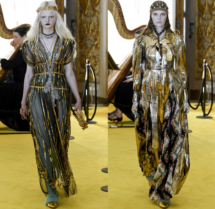 Gucci 2018 Resort Cruise Pre-Spring Womens Runway Catwalk Looks Collection - Palatine Gallery Palazzo Pitti Florence Italy - Renaissance Outerwear Trench Coat Overcoat Cape Hanging Sleeve Motorcycle Biker Leather Bomber Jacket Blazer Shaggy Plush Fur Cardigan Knit Capelet Vest Blouse Long Sleeve Shirt Butterfly Belt Stripes Leopard Leg O'Mutton Sleeves Stars Embroidery Bedazzled Sequins Flowers Floral Bud Geometric Librarian School Girl Nerd Grandma Geek Chic Ornaments Decorative Art Pussycat Bow Ribbon Art Paintings Asian Dragon Tiger Anchor Lace Fringes Suede Pie Mesh Lattice Silk Satin Metallic Halterneck Sheer Chiffon Organza Tulle Drapery Skirt Frock Socks High Heels Leggings Stockings Tights Hosiery Boots Culottes Sleepwear Pajamas Maxi Dress Gown Eveningwear Handbag Tote Purse Clutch Headband Turban Harp Headscarf Gloves Reading Colored Glasses Floppy Hat Fanny Pack Waist Pouch Belt Bag Choker Necklace Denim Jeans Cutoffs Shorts