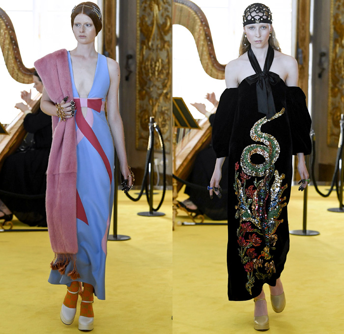 Gucci 2018 Resort Cruise Pre-Spring Womens Runway Catwalk Looks Collection - Palatine Gallery Palazzo Pitti Florence Italy - Renaissance Outerwear Trench Coat Overcoat Cape Hanging Sleeve Motorcycle Biker Leather Bomber Jacket Blazer Shaggy Plush Fur Cardigan Knit Capelet Vest Blouse Long Sleeve Shirt Butterfly Belt Stripes Leopard Leg O'Mutton Sleeves Stars Embroidery Bedazzled Sequins Flowers Floral Bud Geometric Librarian School Girl Nerd Grandma Geek Chic Ornaments Decorative Art Pussycat Bow Ribbon Art Paintings Asian Dragon Tiger Anchor Lace Fringes Suede Pie Mesh Lattice Silk Satin Metallic Halterneck Sheer Chiffon Organza Tulle Drapery Skirt Frock Socks High Heels Leggings Stockings Tights Hosiery Boots Culottes Sleepwear Pajamas Maxi Dress Gown Eveningwear Handbag Tote Purse Clutch Headband Turban Harp Headscarf Gloves Reading Colored Glasses Floppy Hat Fanny Pack Waist Pouch Belt Bag Choker Necklace Denim Jeans Cutoffs Shorts