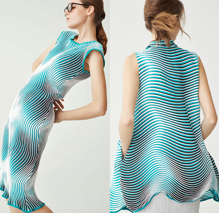 Issey Miyake 2018 Resort Cruise Pre-Spring Womens Lookbook Presentation - Technical Fabrics Stretch Accordion Pleats Plissé 3D Organic Shape Sculptural Stripes Ridges Ribbed Landscape Print Graphic Creases Cracks Cobblestones Tiles Outerwear Coat Robe Cardigan Sleeveless Dress Low Crotch Blouse Wrap Around Wide Leg Trousers Palazzo Hammer Pants Skirt Frock Crossbody Bag Sneakers