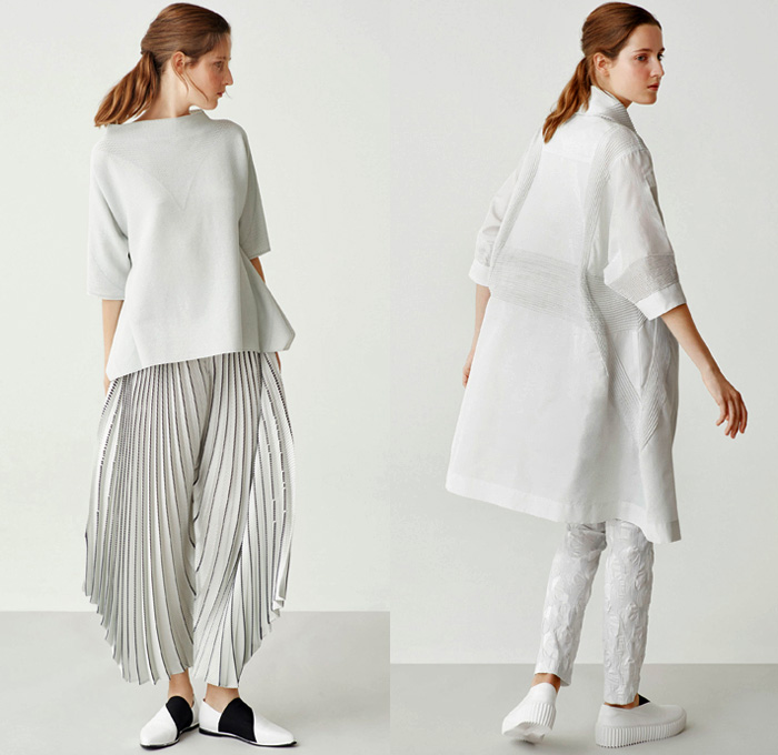 Issey Miyake 2018 Resort Cruise Pre-Spring Womens Lookbook Presentation - Technical Fabrics Stretch Accordion Pleats Plissé 3D Organic Shape Sculptural Stripes Ridges Ribbed Landscape Print Graphic Creases Cracks Cobblestones Tiles Outerwear Coat Robe Cardigan Sleeveless Dress Low Crotch Blouse Wrap Around Wide Leg Trousers Palazzo Hammer Pants Skirt Frock Crossbody Bag Sneakers