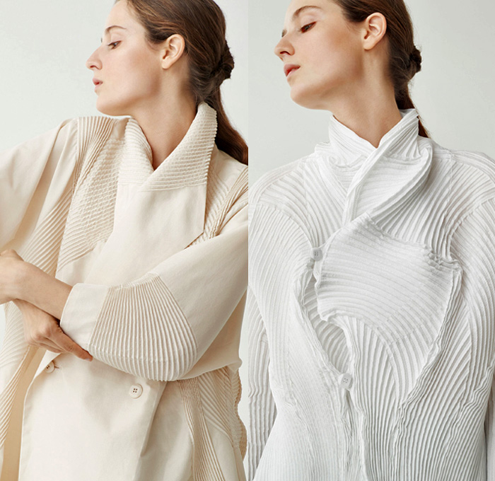 Issey Miyake 2018 Resort Cruise Pre-Spring Womens Lookbook Presentation - Technical Fabrics Stretch Accordion Pleats Plissé 3D Organic Shape Sculptural Stripes Ridges Ribbed Landscape Print Graphic Creases Cracks Cobblestones Tiles Outerwear Coat Robe Cardigan Sleeveless Dress Low Crotch Blouse Wrap Around Wide Leg Trousers Palazzo Hammer Pants Skirt Frock Crossbody Bag Sneakers