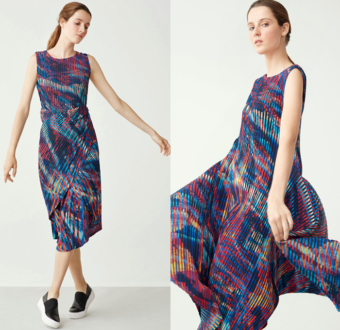 Issey Miyake 2018 Resort Cruise Pre-Spring Womens Lookbook Presentation - Technical Fabrics Stretch Accordion Pleats Plissé 3D Organic Shape Sculptural Stripes Ridges Ribbed Landscape Print Graphic Creases Cracks Cobblestones Tiles Outerwear Coat Robe Cardigan Sleeveless Dress Low Crotch Blouse Wrap Around Wide Leg Trousers Palazzo Hammer Pants Skirt Frock Crossbody Bag Sneakers