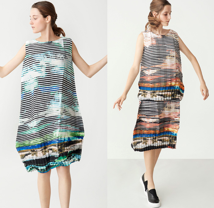 Issey Miyake 2018 Resort Cruise Pre-Spring Womens Lookbook Presentation - Technical Fabrics Stretch Accordion Pleats Plissé 3D Organic Shape Sculptural Stripes Ridges Ribbed Landscape Print Graphic Creases Cracks Cobblestones Tiles Outerwear Coat Robe Cardigan Sleeveless Dress Low Crotch Blouse Wrap Around Wide Leg Trousers Palazzo Hammer Pants Skirt Frock Crossbody Bag Sneakers