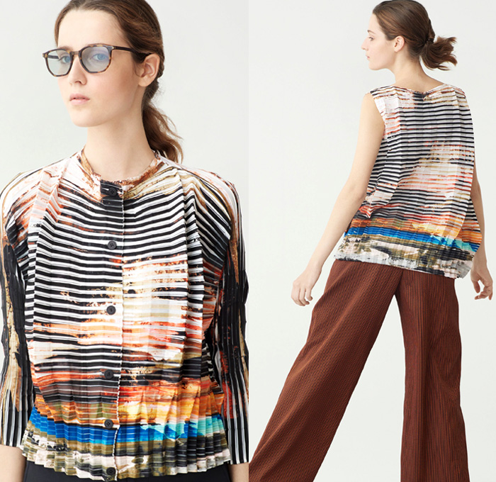 Issey Miyake 2018 Resort Cruise Pre-Spring Womens Lookbook Presentation - Technical Fabrics Stretch Accordion Pleats Plissé 3D Organic Shape Sculptural Stripes Ridges Ribbed Landscape Print Graphic Creases Cracks Cobblestones Tiles Outerwear Coat Robe Cardigan Sleeveless Dress Low Crotch Blouse Wrap Around Wide Leg Trousers Palazzo Hammer Pants Skirt Frock Crossbody Bag Sneakers