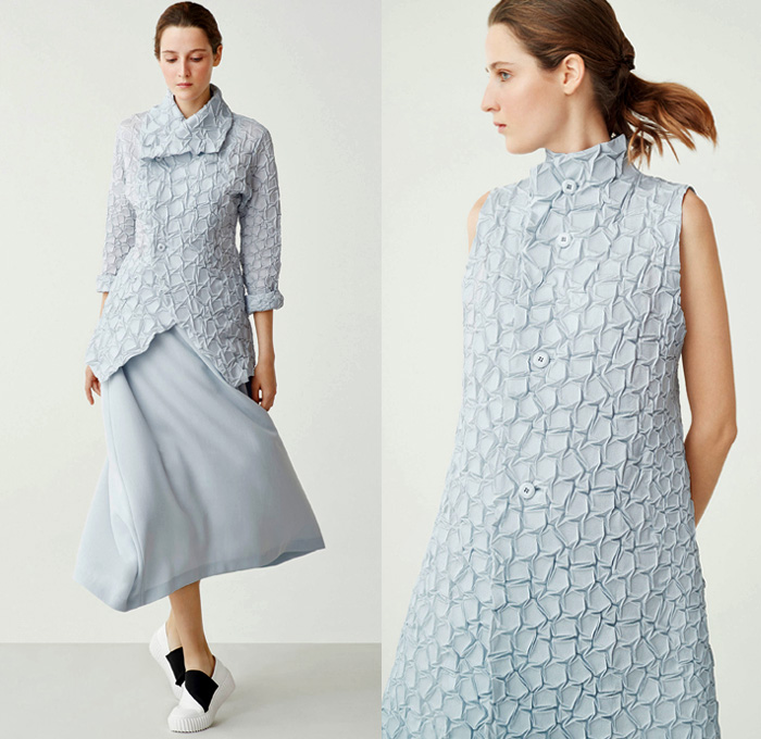 Issey Miyake 2018 Resort Cruise Pre-Spring Womens Lookbook Presentation - Technical Fabrics Stretch Accordion Pleats Plissé 3D Organic Shape Sculptural Stripes Ridges Ribbed Landscape Print Graphic Creases Cracks Cobblestones Tiles Outerwear Coat Robe Cardigan Sleeveless Dress Low Crotch Blouse Wrap Around Wide Leg Trousers Palazzo Hammer Pants Skirt Frock Crossbody Bag Sneakers