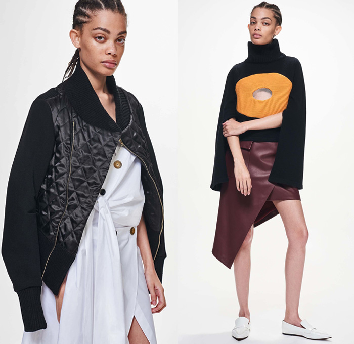 Ji Oh 2018 Resort Cruise Pre-Spring Womens Lookbook Presentation - Modular Minimal Deconstructed Hole Perforated Mesh Stripes Quilted Waffle Puffer Bomber Jacket Wool Outerwear Trench Coat Chunky Knit Sweater Jumper Ribbed Turtleneck Shirting Long Sleeve Blouse Tailored Tie Up Knot Ribbon Twist Buttons Pleats Wide Belt Sash Shirtdress Asymmetrical Hem Leather Cargo Pockets Slim Pants Trousers Strapless Open Shoulders Sweaterdress Loafers Mules