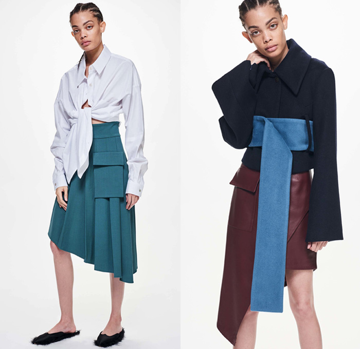 Ji Oh 2018 Resort Cruise Pre-Spring Womens Lookbook Presentation - Modular Minimal Deconstructed Hole Perforated Mesh Stripes Quilted Waffle Puffer Bomber Jacket Wool Outerwear Trench Coat Chunky Knit Sweater Jumper Ribbed Turtleneck Shirting Long Sleeve Blouse Tailored Tie Up Knot Ribbon Twist Buttons Pleats Wide Belt Sash Shirtdress Asymmetrical Hem Leather Cargo Pockets Slim Pants Trousers Strapless Open Shoulders Sweaterdress Loafers Mules