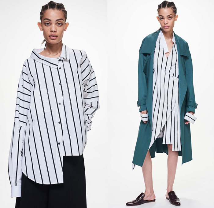 Ji Oh 2018 Resort Cruise Pre-Spring Womens Lookbook Presentation - Modular Minimal Deconstructed Hole Perforated Mesh Stripes Quilted Waffle Puffer Bomber Jacket Wool Outerwear Trench Coat Chunky Knit Sweater Jumper Ribbed Turtleneck Shirting Long Sleeve Blouse Tailored Tie Up Knot Ribbon Twist Buttons Pleats Wide Belt Sash Shirtdress Asymmetrical Hem Leather Cargo Pockets Slim Pants Trousers Strapless Open Shoulders Sweaterdress Loafers Mules