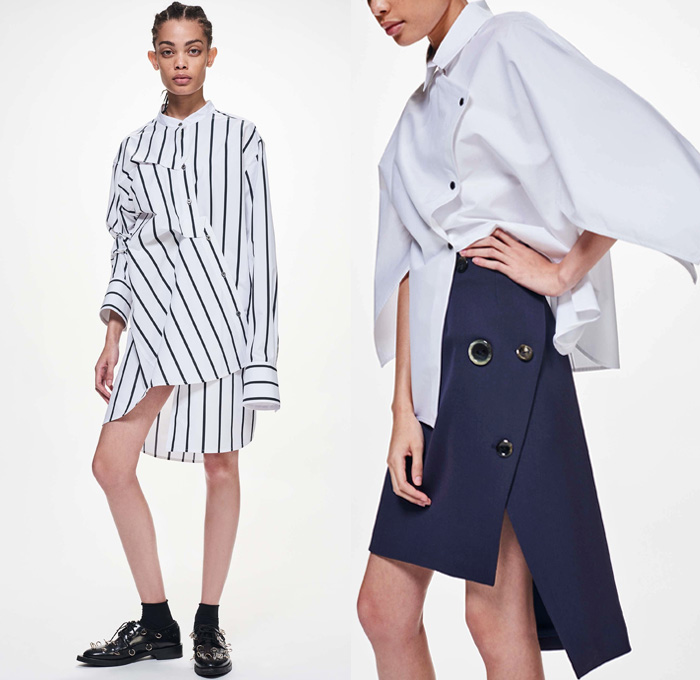 Ji Oh 2018 Resort Cruise Pre-Spring Womens Lookbook Presentation - Modular Minimal Deconstructed Hole Perforated Mesh Stripes Quilted Waffle Puffer Bomber Jacket Wool Outerwear Trench Coat Chunky Knit Sweater Jumper Ribbed Turtleneck Shirting Long Sleeve Blouse Tailored Tie Up Knot Ribbon Twist Buttons Pleats Wide Belt Sash Shirtdress Asymmetrical Hem Leather Cargo Pockets Slim Pants Trousers Strapless Open Shoulders Sweaterdress Loafers Mules
