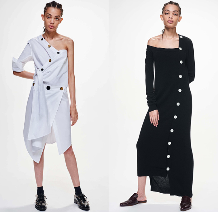 Ji Oh 2018 Resort Cruise Pre-Spring Womens Lookbook Presentation - Modular Minimal Deconstructed Hole Perforated Mesh Stripes Quilted Waffle Puffer Bomber Jacket Wool Outerwear Trench Coat Chunky Knit Sweater Jumper Ribbed Turtleneck Shirting Long Sleeve Blouse Tailored Tie Up Knot Ribbon Twist Buttons Pleats Wide Belt Sash Shirtdress Asymmetrical Hem Leather Cargo Pockets Slim Pants Trousers Strapless Open Shoulders Sweaterdress Loafers Mules