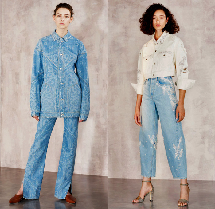 Jonathan Simkhai 2018 Resort Cruise Pre-Spring Womens Lookbook Presentation - Denim Jeans Trucker Jacket Curved Waist Destroyed Destructed Paisley Ornamental Print Decorative Art Flare Slit Hem Leg O'Mutton Sleeves Lace Up Shoelace Baseball Knit Leather Jersey Corset Sweater Jumper Metallic Studs Bedazzled Jewels Bustier Halterneck Plaid Tartan Check Gingham Western Lace Embroidery Needlework Mesh Grommets Eyelets Metal Rings Strapless Gown Eveningwear Peasant Prairie Dress Ruffles Butterfly Neck Accordion Pleats Silk Satin Quilted Onesie Jumpsuit Coveralls Paper Bag Waist Drawstring Cinch Zipper Pants Trousers Miniskirt Thigh High Above The Knee Boots Pumps Heels Choker Necklace Garter Stockings