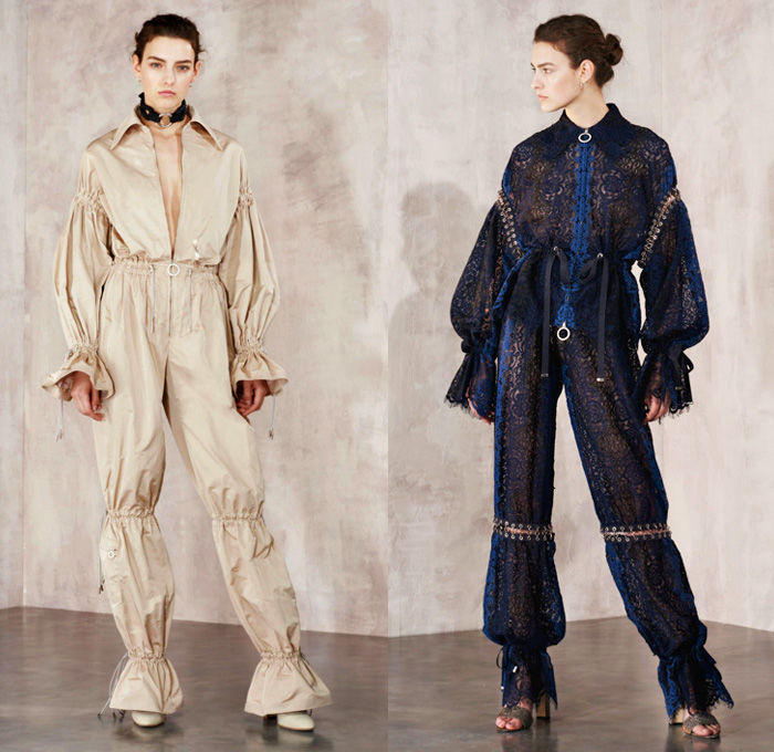 Jonathan Simkhai 2018 Resort Cruise Pre-Spring Womens Lookbook Presentation - Denim Jeans Trucker Jacket Curved Waist Destroyed Destructed Paisley Ornamental Print Decorative Art Flare Slit Hem Leg O'Mutton Sleeves Lace Up Shoelace Baseball Knit Leather Jersey Corset Sweater Jumper Metallic Studs Bedazzled Jewels Bustier Halterneck Plaid Tartan Check Gingham Western Lace Embroidery Needlework Mesh Grommets Eyelets Metal Rings Strapless Gown Eveningwear Peasant Prairie Dress Ruffles Butterfly Neck Accordion Pleats Silk Satin Quilted Onesie Jumpsuit Coveralls Paper Bag Waist Drawstring Cinch Zipper Pants Trousers Miniskirt Thigh High Above The Knee Boots Pumps Heels Choker Necklace Garter Stockings