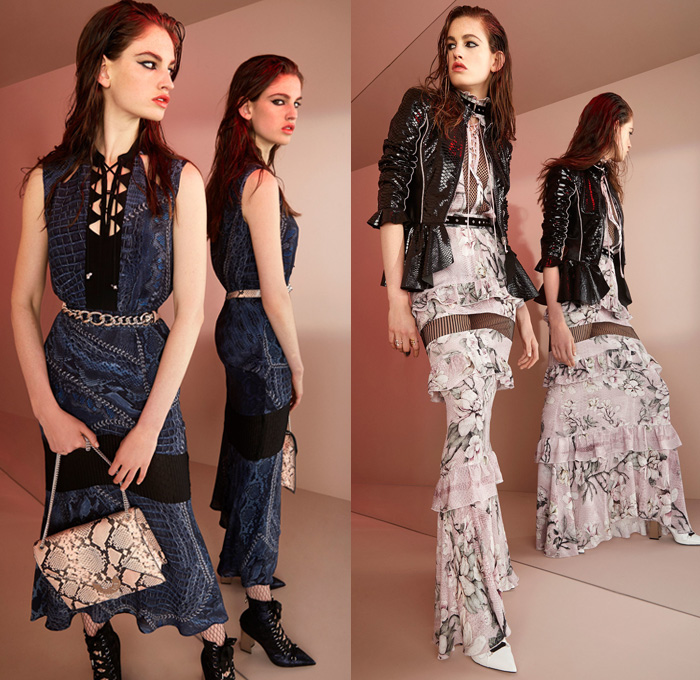 Just Cavalli 2018 Resort Cruise Pre-Spring Womens Lookbook Presentation - Rock n Roll Outerwear Motorcycle Biker Rider Jacket Tuxedo Cocktail Blazer Sheer Chiffon Organza Silk Satin Ruffles Long Sleeve Blouse Lace Mesh Embroidery Decorated Bedazzled Metallic Studs Cape Hanging Sleeve Chain Ornamental Print Decorative Art Animal Spots Leopard Cheetah Reptile Snakeskin Crocodile Alligator Wings Coins Grommets Eyelet Metal Rings Lace Up Maxi Dress Perforated Lasercut White Denim Jeans Skinny Cigarette Buttoned Hem Stockings Tights Fishnet Flare Shorts Tassels Bag Purse Pumps Boots 