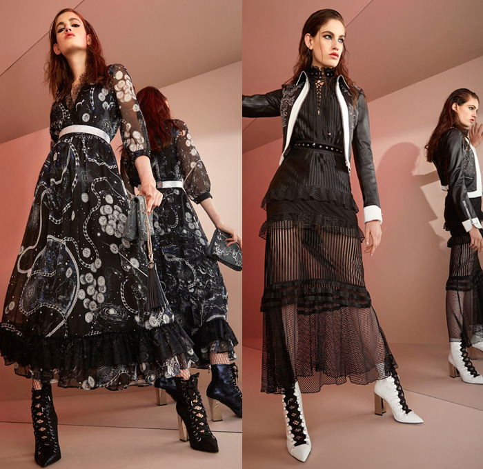 Just Cavalli 2018 Resort Cruise Pre-Spring Womens Lookbook Presentation - Rock n Roll Outerwear Motorcycle Biker Rider Jacket Tuxedo Cocktail Blazer Sheer Chiffon Organza Silk Satin Ruffles Long Sleeve Blouse Lace Mesh Embroidery Decorated Bedazzled Metallic Studs Cape Hanging Sleeve Chain Ornamental Print Decorative Art Animal Spots Leopard Cheetah Reptile Snakeskin Crocodile Alligator Wings Coins Grommets Eyelet Metal Rings Lace Up Maxi Dress Perforated Lasercut White Denim Jeans Skinny Cigarette Buttoned Hem Stockings Tights Fishnet Flare Shorts Tassels Bag Purse Pumps Boots 