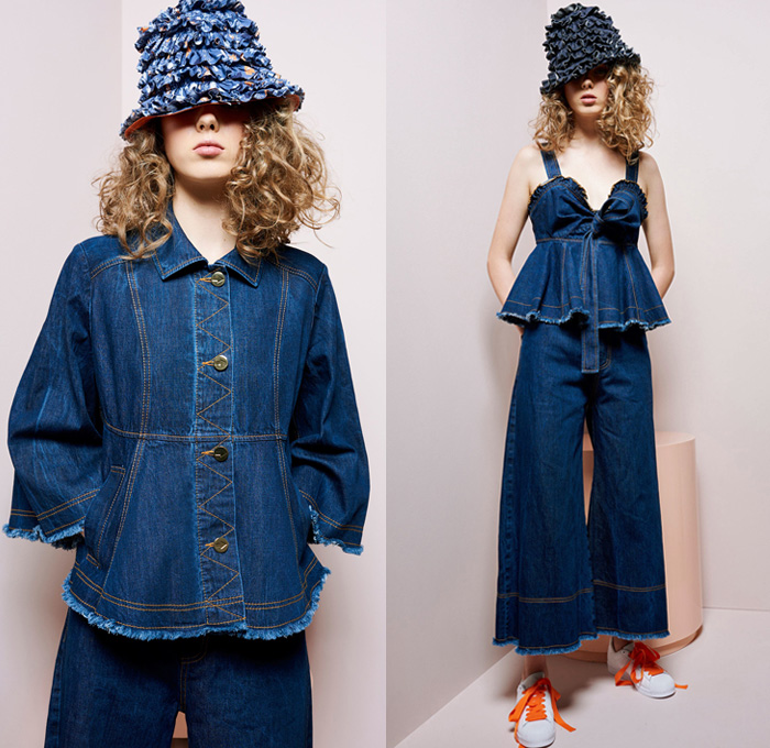 Karen Walker 2018 Resort Cruise Pre-Spring Womens Lookbook Presentation - Marie Antoinette Rococo Sex Pistols God Save The Queen Runaway Taffeta Seersucker Silk Satin Tie Up Knot Ribbon Long Sleeve Blouse Shirt Ruffles Frills Sweater Jumper Bell Sleeves Beetle Patch Double Strap Flowers Floral Botanical Print Graphic Pattern Motif Vines Stripes Pleats Drawstring Outerwear Jacket Parka Shortall Combishorts Romper Onesie Playsuit Dress Fins Denim Jeans Jacket Faded Retro Cropped Wide Leg Trousers Palazzo Pants Bucket Hat Sneakers