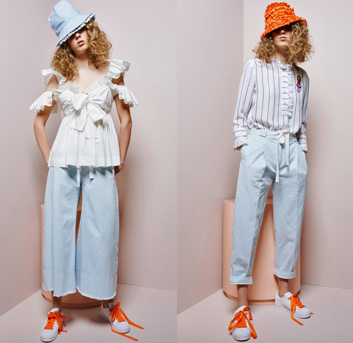 Karen Walker 2018 Resort Cruise Pre-Spring Womens Lookbook Presentation - Marie Antoinette Rococo Sex Pistols God Save The Queen Runaway Taffeta Seersucker Silk Satin Tie Up Knot Ribbon Long Sleeve Blouse Shirt Ruffles Frills Sweater Jumper Bell Sleeves Beetle Patch Double Strap Flowers Floral Botanical Print Graphic Pattern Motif Vines Stripes Pleats Drawstring Outerwear Jacket Parka Shortall Combishorts Romper Onesie Playsuit Dress Fins Denim Jeans Jacket Faded Retro Cropped Wide Leg Trousers Palazzo Pants Bucket Hat Sneakers