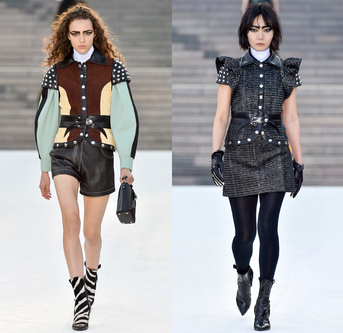 Louis Vuitton 2018 Resort Cruise Pre-Spring Womens Runway Catwalk Looks Collection Nicolas Ghesquière Miho Museum Kyoto Japan - Kabuki Japanese Asian Samurai Warrior Metallic Studs Cap Sleeves Blouse Shirt Suede Leather Knit Sweater Jumper Turtleneck Vest Waistcoat Quilted Waffle Puffer Down Jacket Stripes Blazer Jacket Boxy Coat Embroidery Adornments Decorated Bedazzled Sequins Gold Abstract Landscape Ornamental Print Decorative Art Illustration Peplum Tie Up Trees Sheer Chiffon Organza Tulle Maxi Dress Harness Leopard Cheetah Zebra Shirtdress Camouflage Shorts Leggings Lattice Pants Trousers Miniskirt Frock Gladiator Lace Up Boots Handbag Gloves Bucket Bag Minibag Baseball Cap Hat Cowgirl Chain Neckplate Armor