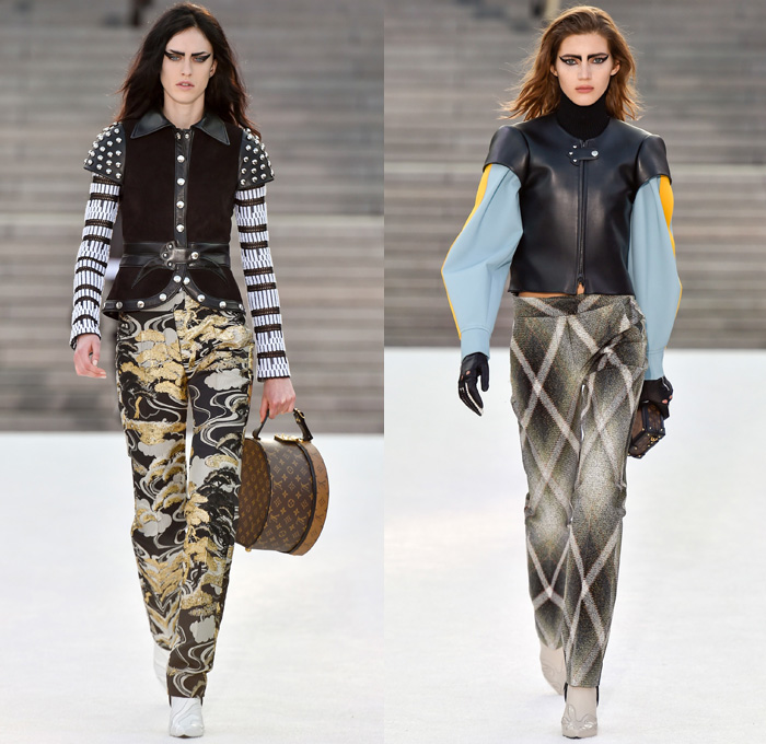 Louis Vuitton 2018 Resort Cruise Pre-Spring Womens Runway Catwalk Looks Collection Nicolas Ghesquière Miho Museum Kyoto Japan - Kabuki Japanese Asian Samurai Warrior Metallic Studs Cap Sleeves Blouse Shirt Suede Leather Knit Sweater Jumper Turtleneck Vest Waistcoat Quilted Waffle Puffer Down Jacket Stripes Blazer Jacket Boxy Coat Embroidery Adornments Decorated Bedazzled Sequins Gold Abstract Landscape Ornamental Print Decorative Art Illustration Peplum Tie Up Trees Sheer Chiffon Organza Tulle Maxi Dress Harness Leopard Cheetah Zebra Shirtdress Camouflage Shorts Leggings Lattice Pants Trousers Miniskirt Frock Gladiator Lace Up Boots Handbag Gloves Bucket Bag Minibag Baseball Cap Hat Cowgirl Chain Neckplate Armor