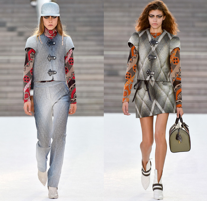 Louis Vuitton 2018 Resort Cruise Pre-Spring Womens Runway Catwalk Looks Collection Nicolas Ghesquière Miho Museum Kyoto Japan - Kabuki Japanese Asian Samurai Warrior Metallic Studs Cap Sleeves Blouse Shirt Suede Leather Knit Sweater Jumper Turtleneck Vest Waistcoat Quilted Waffle Puffer Down Jacket Stripes Blazer Jacket Boxy Coat Embroidery Adornments Decorated Bedazzled Sequins Gold Abstract Landscape Ornamental Print Decorative Art Illustration Peplum Tie Up Trees Sheer Chiffon Organza Tulle Maxi Dress Harness Leopard Cheetah Zebra Shirtdress Camouflage Shorts Leggings Lattice Pants Trousers Miniskirt Frock Gladiator Lace Up Boots Handbag Gloves Bucket Bag Minibag Baseball Cap Hat Cowgirl Chain Neckplate Armor