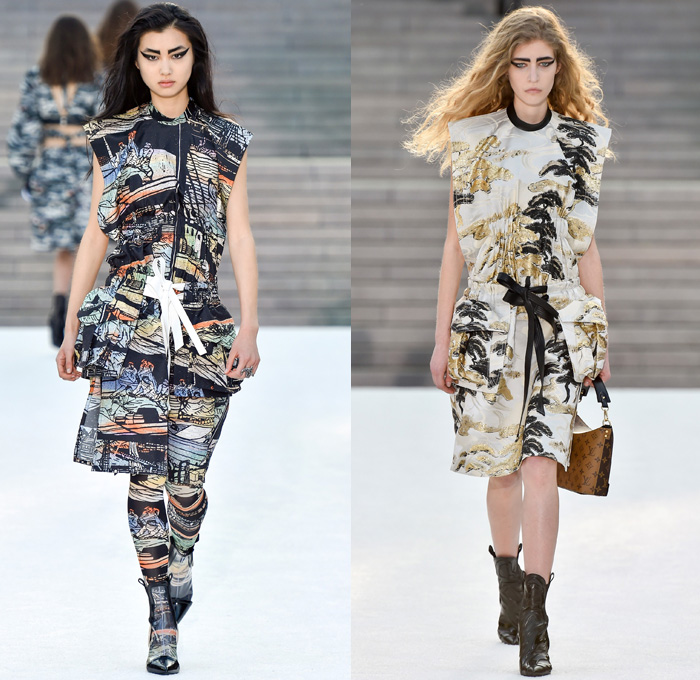 Louis Vuitton 2018 Resort Cruise Pre-Spring Womens Runway Catwalk Looks Collection Nicolas Ghesquière Miho Museum Kyoto Japan - Kabuki Japanese Asian Samurai Warrior Metallic Studs Cap Sleeves Blouse Shirt Suede Leather Knit Sweater Jumper Turtleneck Vest Waistcoat Quilted Waffle Puffer Down Jacket Stripes Blazer Jacket Boxy Coat Embroidery Adornments Decorated Bedazzled Sequins Gold Abstract Landscape Ornamental Print Decorative Art Illustration Peplum Tie Up Trees Sheer Chiffon Organza Tulle Maxi Dress Harness Leopard Cheetah Zebra Shirtdress Camouflage Shorts Leggings Lattice Pants Trousers Miniskirt Frock Gladiator Lace Up Boots Handbag Gloves Bucket Bag Minibag Baseball Cap Hat Cowgirl Chain Neckplate Armor